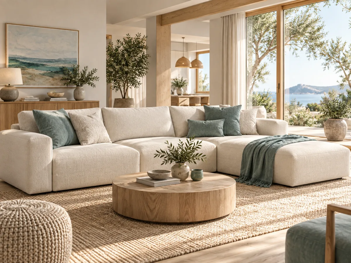 Imagem ilustrativa de sofá modular claro com chaise em uma sala iluminada